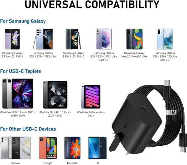 Galaxy A15 / A15 5G Charger Plug [25W] Super Fast Charger Plug For Samsung Galaxy A15 / A15 5G USB Type C Fast Charging Cable [1M] High Speed Adapter UK 3 Pin Mains wall Phone Charger Plug - Image 6