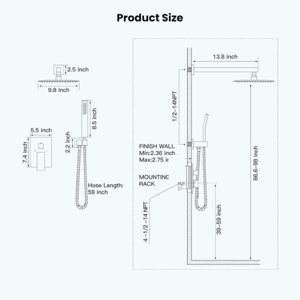 gotonovo Rainfall Shower System 10 Inch Wall Mounted Matte Black with High Pressure Square Shower Head and Pressure Balance Handheld Head（Female Thread） Bathroom Luxury Rain Mixer Shower Combo Set - Image 7