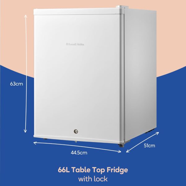 Russell Hobbs Table Top Larder Mini Fridge Lockable 66L Capacity, Reversible Door and Adjustable Feet, 0 to 8 Degrees Manual Temperature Control with Lock and Key, White RH67TTLF0E1W-LCK - Image 3