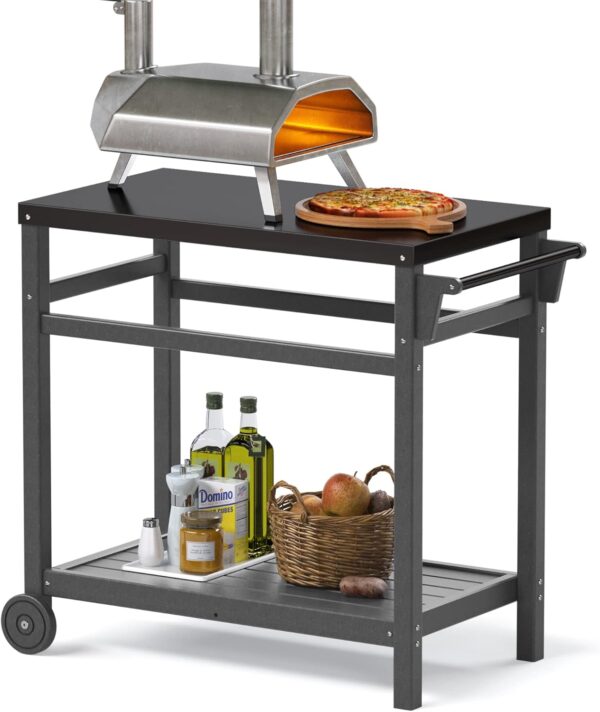 TORVA Outdoor Grill Dining Cart, bbq Table Trolley for Outside, Pizza Oven Stand with Black Nano-coating Stainless Steel Tabletop, Recyclable & Weather Resistant Plastic High-density PE, Gray Color - Image 2