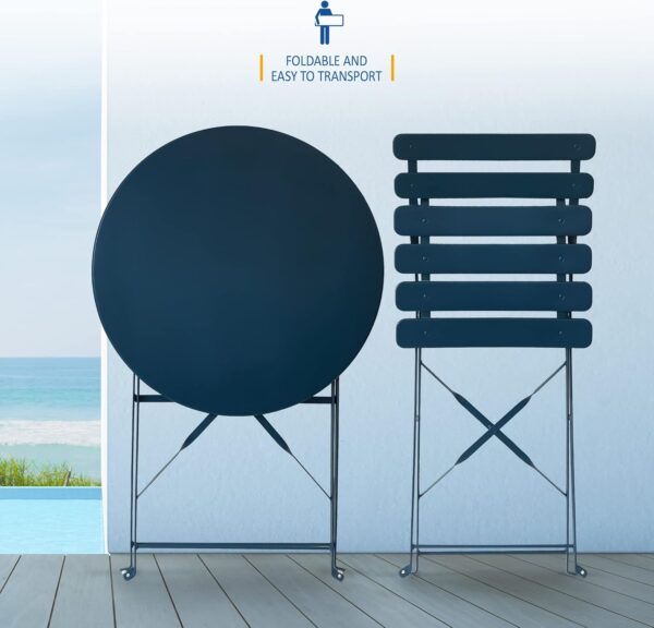 SUNMER Patio Bistro Set 3 Piece with Foldable Table and Chairs - Powder Coated Steel Frame, Easy to Transport, Each Chair can Support 120kg - Ideal for Gardens, Patios, Balconies - Blue - Image 4