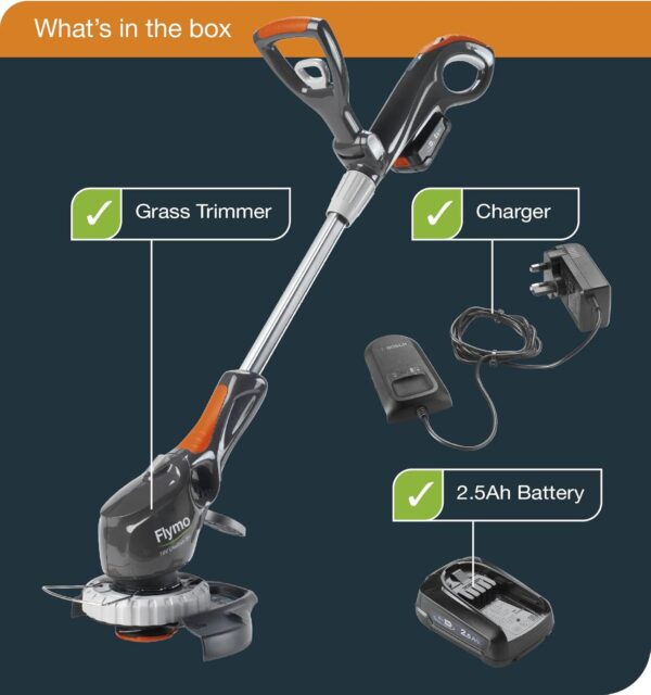 Flymo UltraTrim 260 3-in-1 Cordless Grass Trimmer - 18V 2.5 POWER FOR ALL Battery and Charger included, 26cm Cutting Width, Edging mode, Automatic line feed, Height adjust, Tiltable head - Image 9