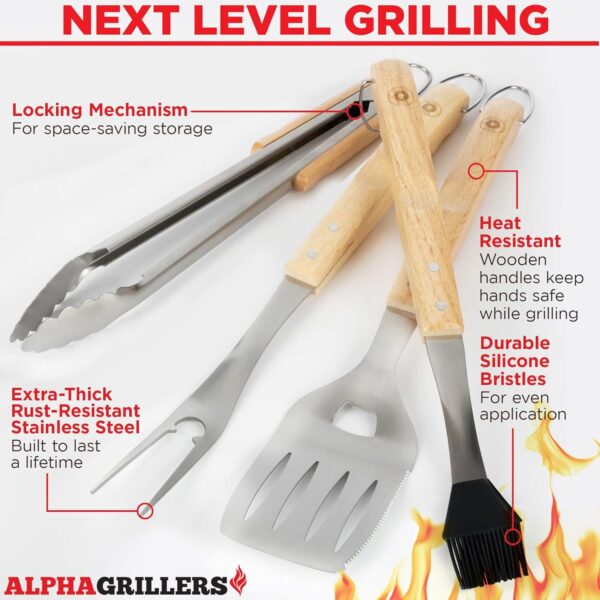 Alpha Grillers Premium Wood Grilling Gifts for Men - Grill Accessories Gift Ideas - BBQ Tool Set Grill Kit with BBQ Utensils - Unique for Dad, Wooden Grill Tools - Image 3