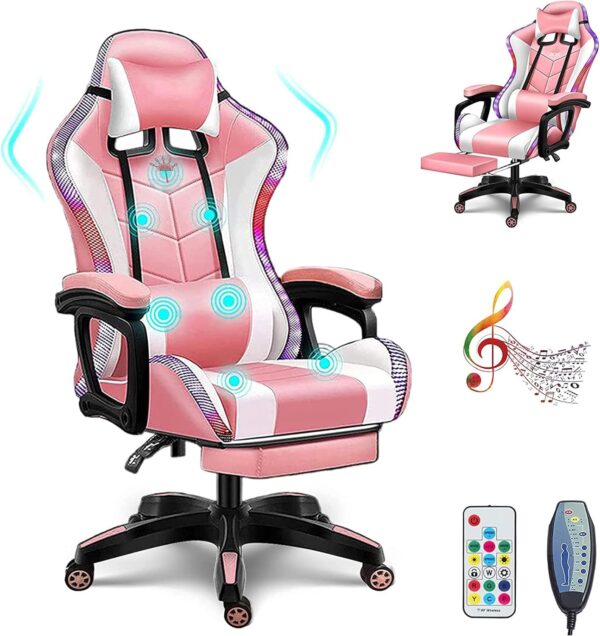 EUOCHLFZ RGB Gaming Chair with Speakers Massage Video Chair with Footrest Ergonomic Office Chair PU Leather Recliner Swivel Computer Chair with Lumbar Support Headrest High Back,Pink - Image 2