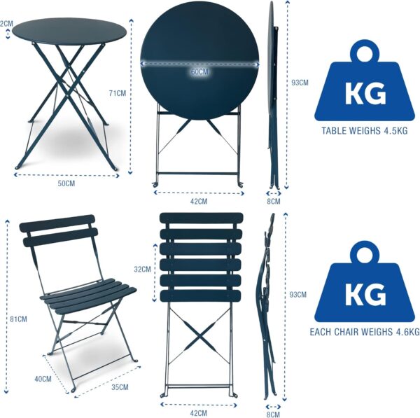 SUNMER Patio Bistro Set 3 Piece with Foldable Table and Chairs - Powder Coated Steel Frame, Easy to Transport, Each Chair can Support 120kg - Ideal for Gardens, Patios, Balconies - Blue - Image 8