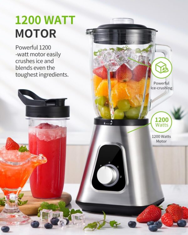 TWOMEOW 1200W Blender Professional 2-1 Smoothie Blender Combo, 1.5L Glass Jar Smoothie Maker with 650ML Travel Cup, 3-Speed Blenders, Jug Blender for Smoothies, Shakes, Frozen Drinks Sauces, Silver - Image 3