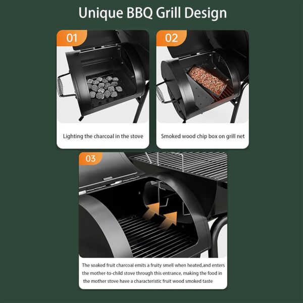 KRCO Outdoor Charcoal Grill with Offset Smoker and Wheels,Barrel BBQ Grill with Grill Cover & Chimney Starter, Barbecue Camping Charcoal Grills for Outdoor Backyard, Black - Image 8