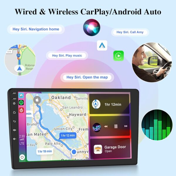 [2G+32G] 10.1 inch Android Double Din Car Stereo with Wireless Apple CarPlay and Android Auto, Touch Screen Android Radio with 1080P/EQ/WiFi/SWC/Bluetooth +AHD Backup Camera+MIC - Image 4