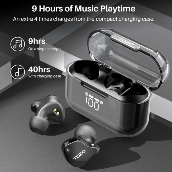 TOZO T18 Bluetooth 5.3 True Wireless Stereo Earbuds IPX8 Waterproof in Ear Headset Call Noise Reduction Headphones with Digital Display and Transparent Case Long Standby Earphones Black - Image 8