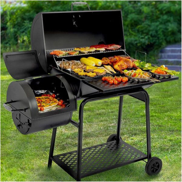 KRCO Outdoor Charcoal Grill with Offset Smoker and Wheels,Barrel BBQ Grill with Grill Cover & Chimney Starter, Barbecue Camping Charcoal Grills for Outdoor Backyard, Black - Image 2