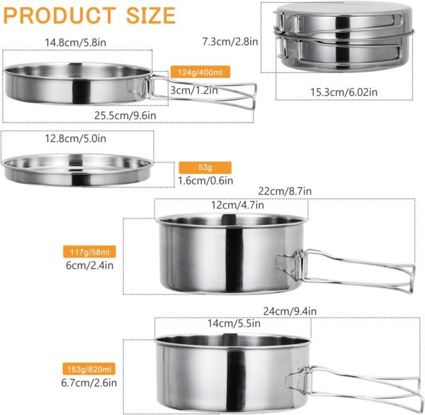 Lixada Camping Cookware Set,4 PCS Stainless Steel Camping Pot Set Compact Camping Pans for Backpacking Camping Hiking - Image 6