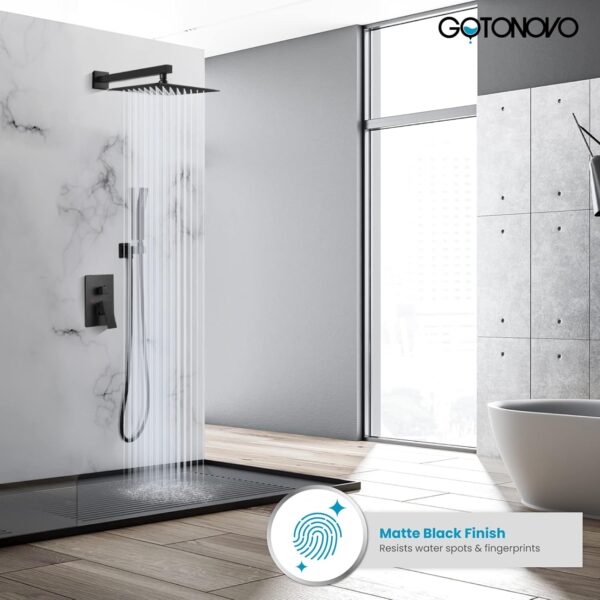 gotonovo Rainfall Shower System 10 Inch Wall Mounted Matte Black with High Pressure Square Shower Head and Pressure Balance Handheld Head（Female Thread） Bathroom Luxury Rain Mixer Shower Combo Set - Image 3