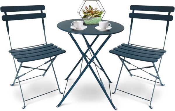 SUNMER Patio Bistro Set 3 Piece with Foldable Table and Chairs - Powder Coated Steel Frame, Easy to Transport, Each Chair can Support 120kg - Ideal for Gardens, Patios, Balconies - Blue - Image 2