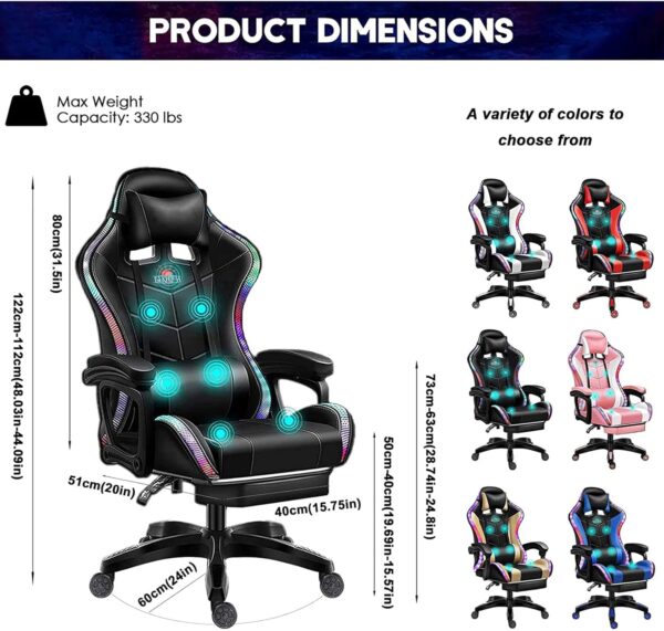 EUOCHLFZ RGB Gaming Chair with Speakers Massage Video Chair with Footrest Ergonomic Office Chair PU Leather Recliner Swivel Computer Chair with Lumbar Support Headrest High Back,Pink - Image 3