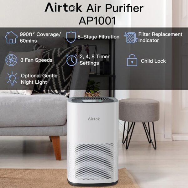 AIRTOK Air Purifiers for Home Pets in Bedroom, Covers Up to 1190 Sq Ft. H13 HEPA Air Cleaners With Sleep Mode 3 Fan Speed, Removes 99.97% of Particles, Pets Dander Hair Smoke and Dust, Ultra-Quiet - Image 6