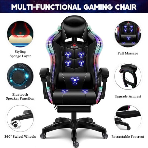 EUOCHLFZ RGB Gaming Chair with Speakers Massage Video Chair with Footrest Ergonomic Office Chair PU Leather Recliner Swivel Computer Chair with Lumbar Support Headrest High Back,Pink - Image 6