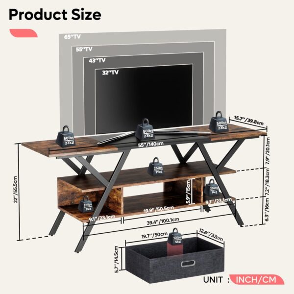 Bestier Bedroom TV Stand for 55 Inch TV Gaming Entertainment Center Industrial Rustic TV Stand with Led Lights 20 Modes TV Console with Fabric Drawer - Image 8