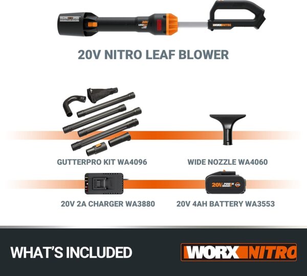 WORX NITRO 18V(20V MAX) Cordless Leaf Blower WG543E.1 Brushless Blower,Max.209km/h Air Speed, Max.696m³/h Air Flow,2-Speed Control, PowerShare, 1*4.0Ah Battery,1*2A Charger,W/GUTTERPRO Kit&Wide Nozzle - Image 9