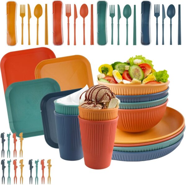 48 PCS Unbreakable Dinner Set, Hyacinthy Camping Plates and Bowls Set for 4 People, Lightweight Plastic Picnic Plates Bowls, Outdoor Dining Tableware for Kids Elderly, Microwave & Dishwasher Safe - Image 2