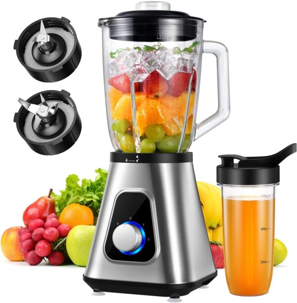 TWOMEOW 1200W Blender Professional 2-1 Smoothie Blender Combo, 1.5L Glass Jar Smoothie Maker with 650ML Travel Cup, 3-Speed Blenders, Jug Blender for Smoothies, Shakes, Frozen Drinks Sauces, Silver - Image 2