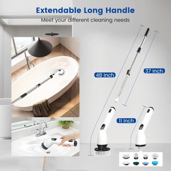 Electric Spin Scrubber, 2024 New Full-Body IPX7 Waterproof Cordless Electric Cleaning Brush with 8 Replaceable Heads, Upgraded Extension Handle, Power Scrubber for Bathtub, Tile, Floor - Image 5