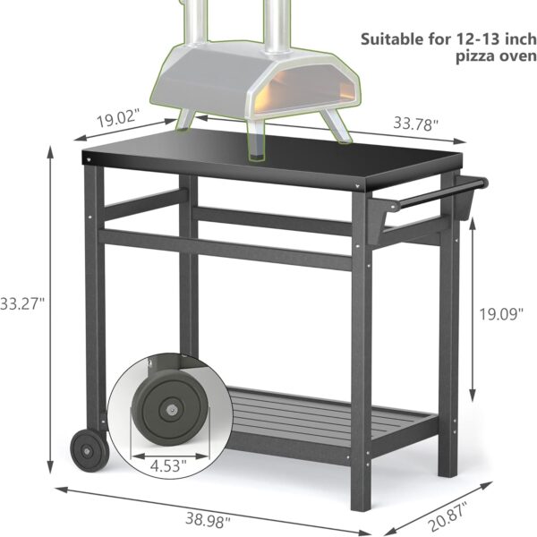 TORVA Outdoor Grill Dining Cart, bbq Table Trolley for Outside, Pizza Oven Stand with Black Nano-coating Stainless Steel Tabletop, Recyclable & Weather Resistant Plastic High-density PE, Gray Color - Image 9