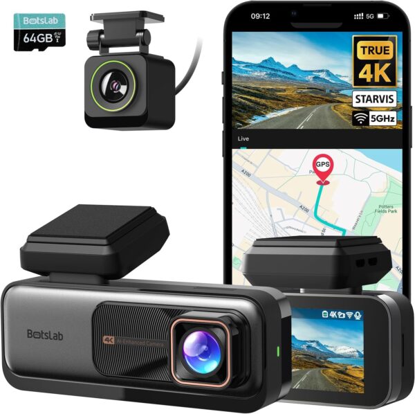 BOTSLAB 4K Dash Cam Front and Rear, Night Vision, ADAS, 64 GB SD Card, 2.45” IPS Screen, 170° Wide Angle, Built-in GPS and WiFi, 24/7 Parking Mode - Image 2