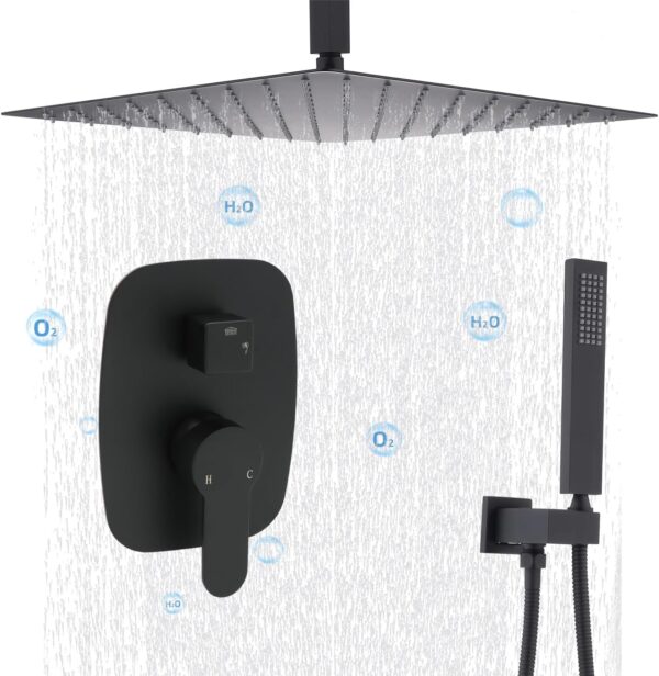 Delnet Concealed Shower Mixer Set Matte Black 16 Inch Ceiling Mounted Rain Shower Head System with Handheld Bathroom Brass Shower Faucet Set - Image 2