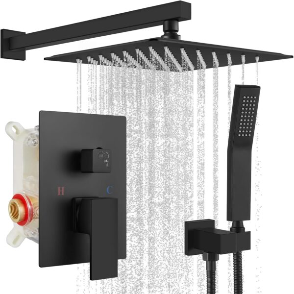 gotonovo Rainfall Shower System 10 Inch Wall Mounted Matte Black with High Pressure Square Shower Head and Pressure Balance Handheld Head（Female Thread） Bathroom Luxury Rain Mixer Shower Combo Set - Image 2