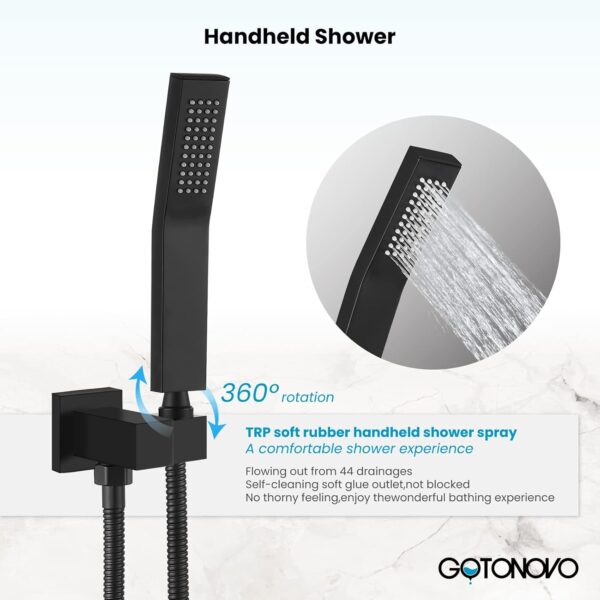 gotonovo Rainfall Shower System 10 Inch Wall Mounted Matte Black with High Pressure Square Shower Head and Pressure Balance Handheld Head（Female Thread） Bathroom Luxury Rain Mixer Shower Combo Set - Image 10