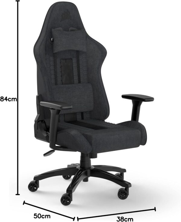 Corsair TC100 RELAXED Gaming Chair - Fabric - Racing-Inspired Design - Lumbar Pillow - Detachable Memory Foam Neck Pillow - Adjustable Seat Height - Adjustable Armrests - Grey & Black - Image 4