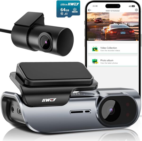 IIWEY EY02 4K Dash Cam Front and Rear Built-in 5GHz WiFi, Dual Dash Cam Front 4K Rear 1080P Car Camera, Free 64GB SD Card, Super Night Vision, App Control, Supercapacitor, Parking Mode, USB C Port - Image 2