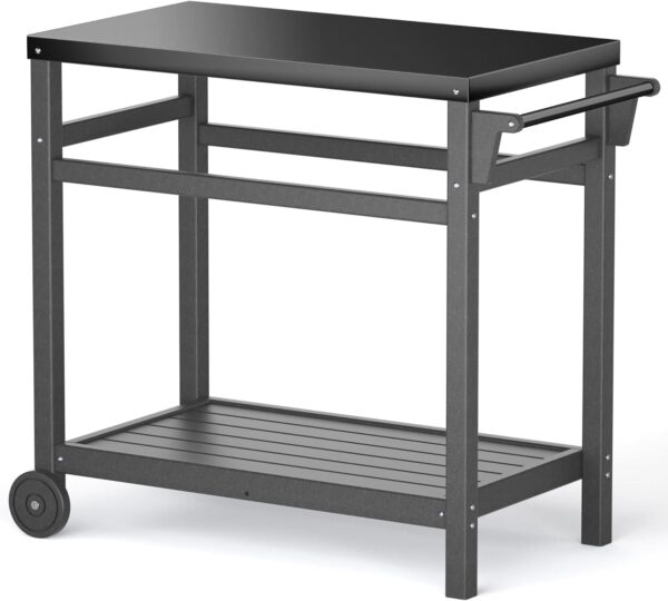 TORVA Outdoor Grill Dining Cart, bbq Table Trolley for Outside, Pizza Oven Stand with Black Nano-coating Stainless Steel Tabletop, Recyclable & Weather Resistant Plastic High-density PE, Gray Color - Image 10