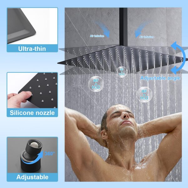 Delnet Concealed Shower Mixer Set Matte Black 16 Inch Ceiling Mounted Rain Shower Head System with Handheld Bathroom Brass Shower Faucet Set - Image 6