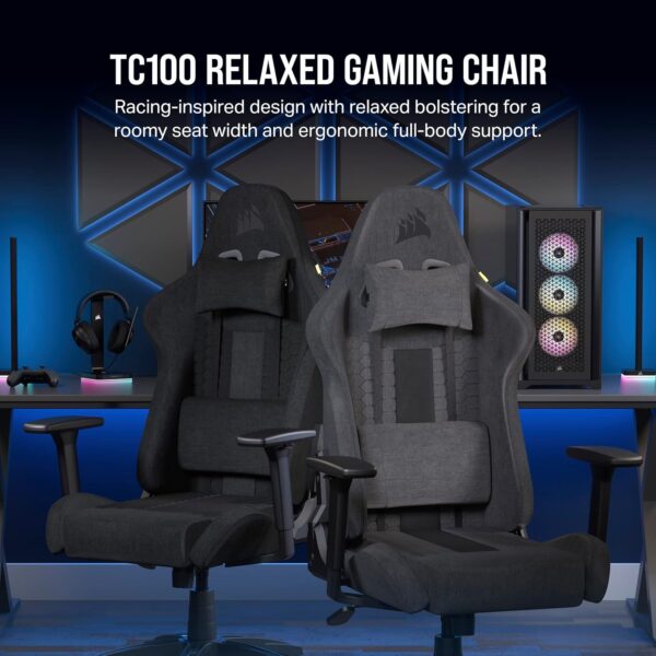 Corsair TC100 RELAXED Gaming Chair - Fabric - Racing-Inspired Design - Lumbar Pillow - Detachable Memory Foam Neck Pillow - Adjustable Seat Height - Adjustable Armrests - Grey & Black - Image 5