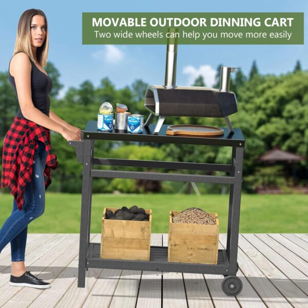 TORVA Outdoor Grill Dining Cart, bbq Table Trolley for Outside, Pizza Oven Stand with Black Nano-coating Stainless Steel Tabletop, Recyclable & Weather Resistant Plastic High-density PE, Gray Color - Image 5