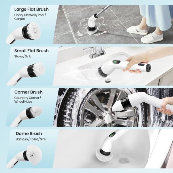 Electric Spin Scrubber, 2024 New Full-Body IPX7 Waterproof Cordless Electric Cleaning Brush with 8 Replaceable Heads, Upgraded Extension Handle, Power Scrubber for Bathtub, Tile, Floor - Image 7