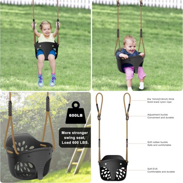 SELEWARE Heavy-Duty High Back Full Bucket Toddler Swing Seat with Locking Carabiners and Adjustable Rope, Cute Elephant Shape Design, 600LB Weight Limit (Bucket Swing, Black) - Image 6