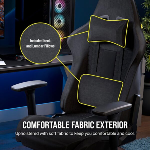 Corsair TC100 RELAXED Gaming Chair - Fabric - Racing-Inspired Design - Lumbar Pillow - Detachable Memory Foam Neck Pillow - Adjustable Seat Height - Adjustable Armrests - Grey & Black - Image 6