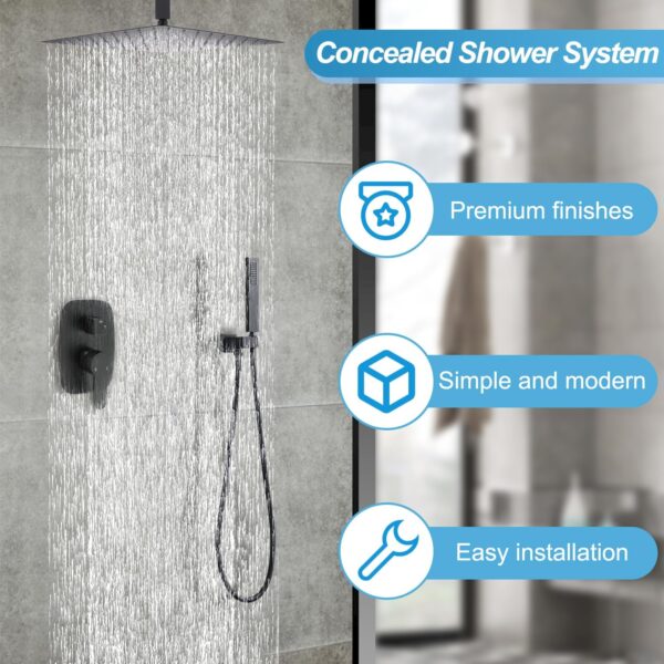 Delnet Concealed Shower Mixer Set Matte Black 16 Inch Ceiling Mounted Rain Shower Head System with Handheld Bathroom Brass Shower Faucet Set - Image 3