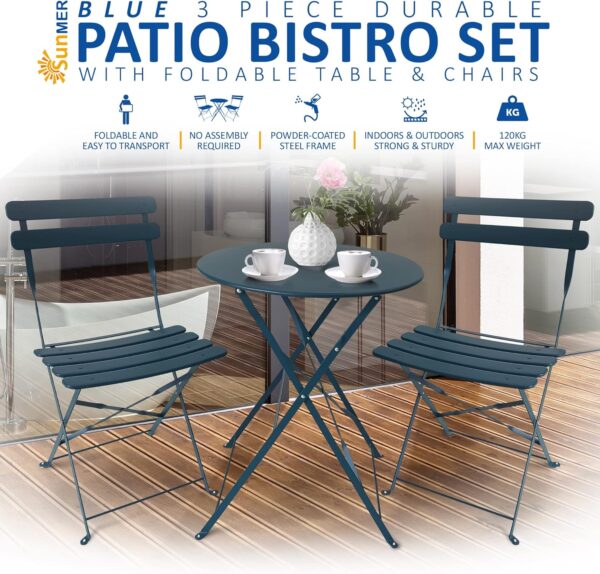 SUNMER Patio Bistro Set 3 Piece with Foldable Table and Chairs - Powder Coated Steel Frame, Easy to Transport, Each Chair can Support 120kg - Ideal for Gardens, Patios, Balconies - Blue - Image 3