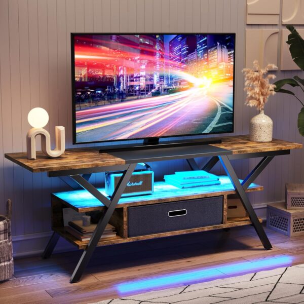 Bestier Bedroom TV Stand for 55 Inch TV Gaming Entertainment Center Industrial Rustic TV Stand with Led Lights 20 Modes TV Console with Fabric Drawer - Image 2