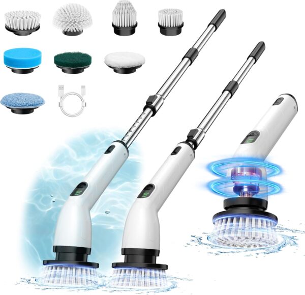 Electric Spin Scrubber, 2024 New Full-Body IPX7 Waterproof Cordless Electric Cleaning Brush with 8 Replaceable Heads, Upgraded Extension Handle, Power Scrubber for Bathtub, Tile, Floor - Image 2