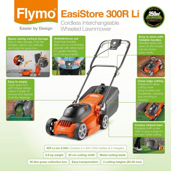 Flymo EasiStore 300R Li Cordless Rotary Lawn Mower - 40 V Battery (20 V x 2 Including Charger), 30 cm Cutting Width, 30 Litre Grass Box, Close Edge Cutting, Rear Roller, Space Saving Storage Features - Image 16