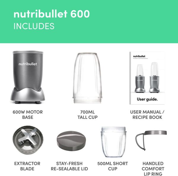 nutribullet Blender 600 Series - Powerful 20,000 RPM Extractor Blends Frozen Fruit, Nuts & Ice - 7 Piece Kit Includes 1x Tall Cup, 1x Short Cup, 1x Handled Ring & 1x Sealable Lid - Ideal for Smoothies - Image 3