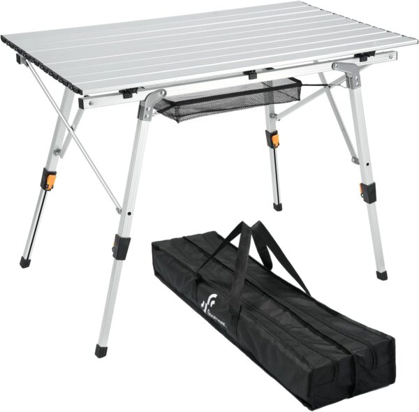 Sportneer Folding Table Camping Table Outdoor Portable Picnic Table with Adjustable Height Mesh Layer Folding Camping table with Aluminum Roll Up Table Top for Camp Kitchen Garden Sewing Work Beach - Image 2