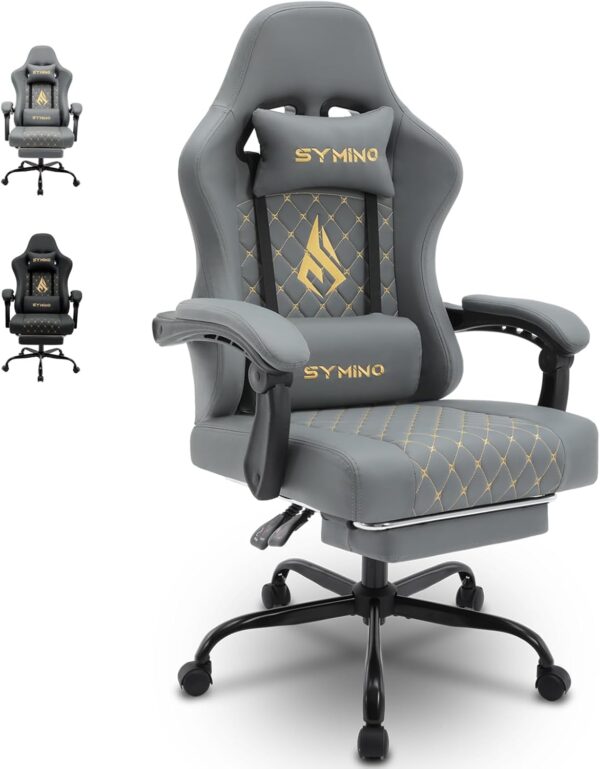 Symino Gaming Chair with Footrest, Computer Ergonomic Video Game Chair, Adjustable Swivel Task Chair with Lumbar Support, PC Chair, Office Chair PU Leather, Gray - Image 2