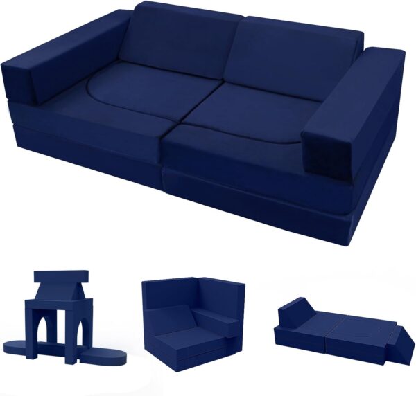 MeMoreCool 10-Pieces Kids Play Sofa, Modular Toddler Couch for Playroom, Fold Out Foam Couch for Girls Boys, Kids Convertible Sectional Couch Playset, Navy - Image 2