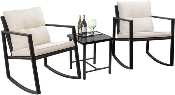 Greenfields 3 Piece Outdoor Rocking Bistro Set with Tempered Glass - Cushioned Chairs, Conversation Coffee Furniture Table Set for Outdoor, Balcony, Patio, Garden, Backyard and Poolside - Image 2