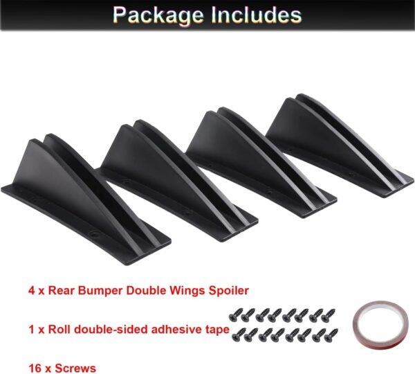 GEARZAAR 4-Pack Car Rear Bumper Spoiler, Universal Curved Shape Rear bumper Diffuser Lip Spoiler Shark Fin Double Wings Trim Covers Decoration Set Lip Splitter, Auto Accessory, Matte Black - Image 6